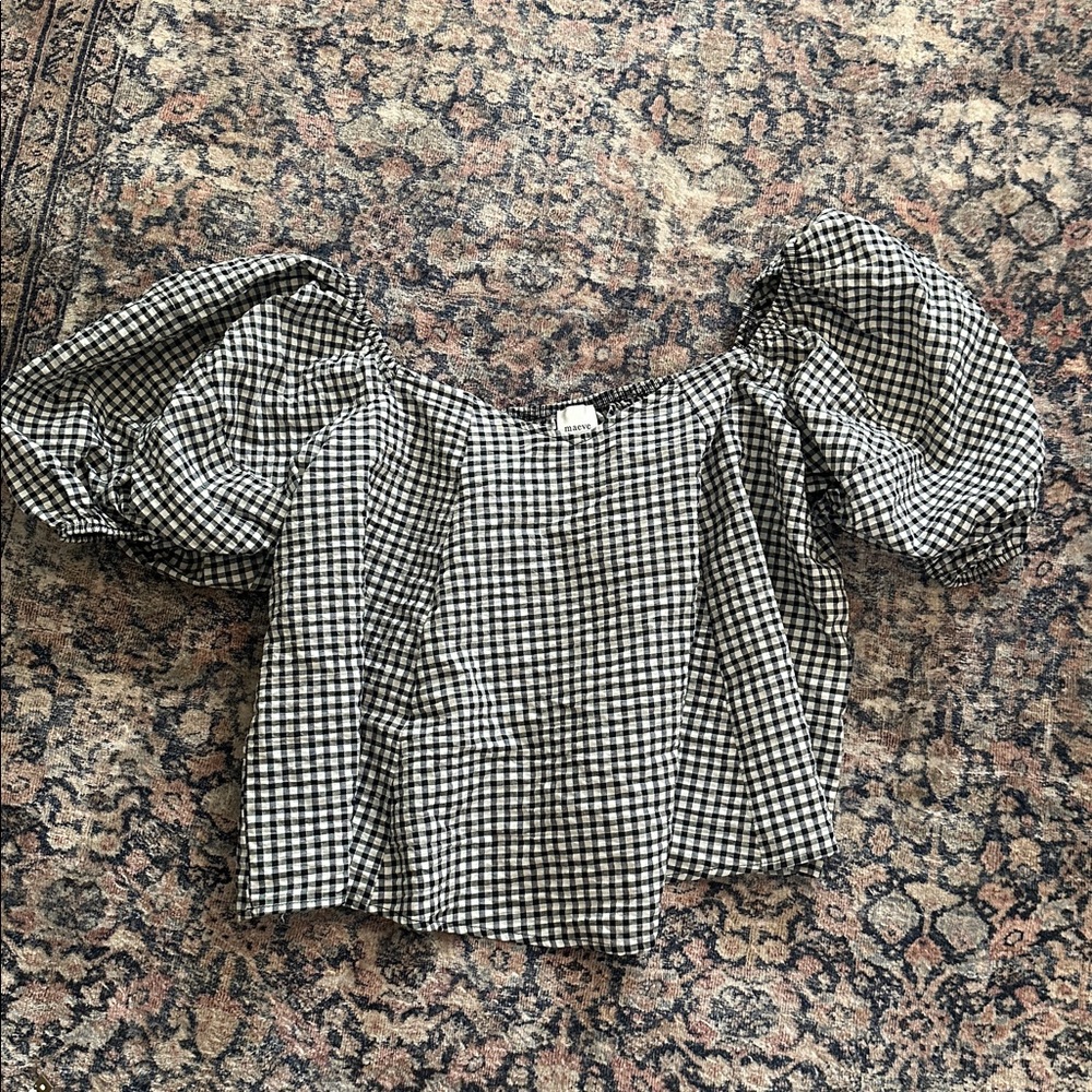 Maeve Black & White Gingham Puff-Sleeve Crop Top